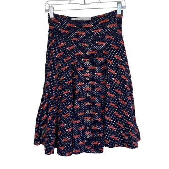 Effie‘s Heart Retro Boho Fox Print Skater Skirt Faux Heart Buttons Navy - Picture 1 of 16